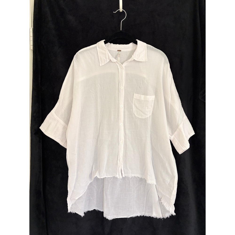 Free People | White Cotton Raw Hem Button Down High Low Shirt | XS